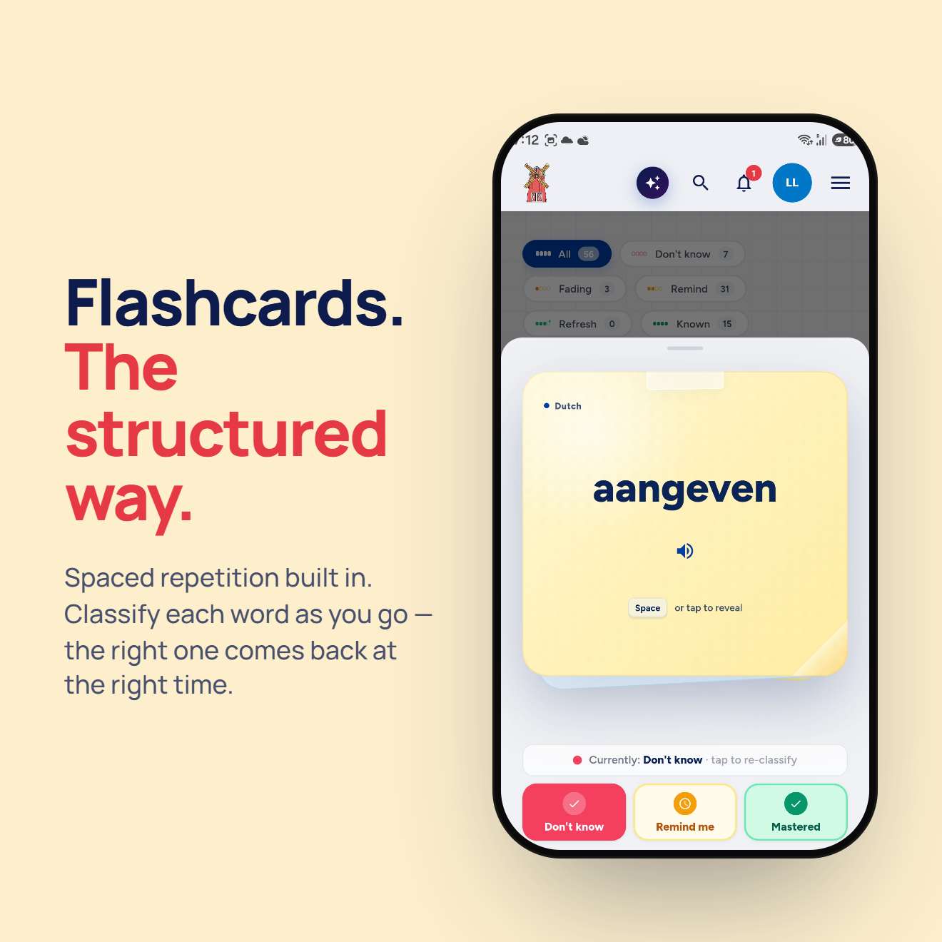 Dutch flashcards with structured spaced repetition