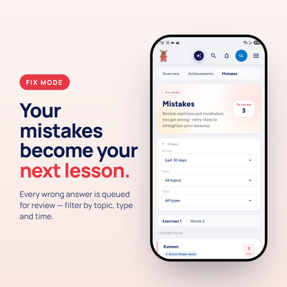 Mistake review turns your errors into the next Dutch lesson